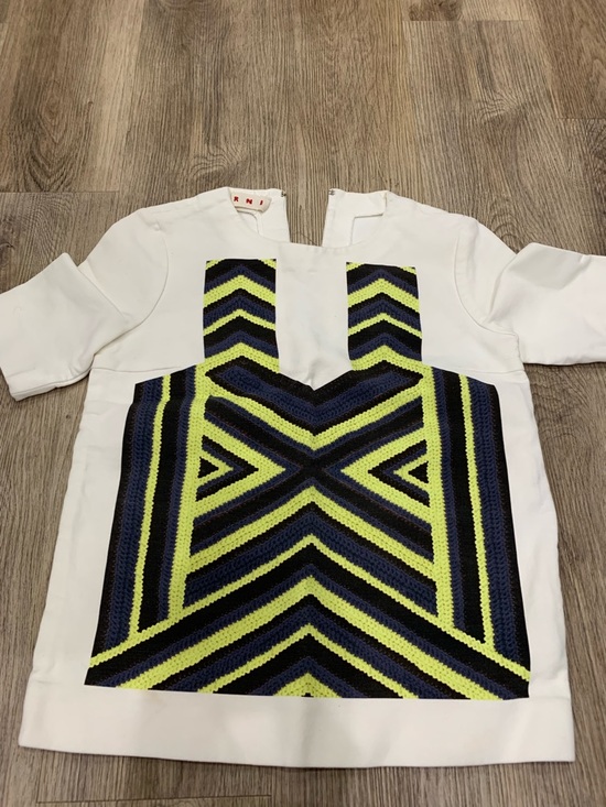 Marni Tops - Marni White Top with Neon Yellow and Navy Geometric Front Panel